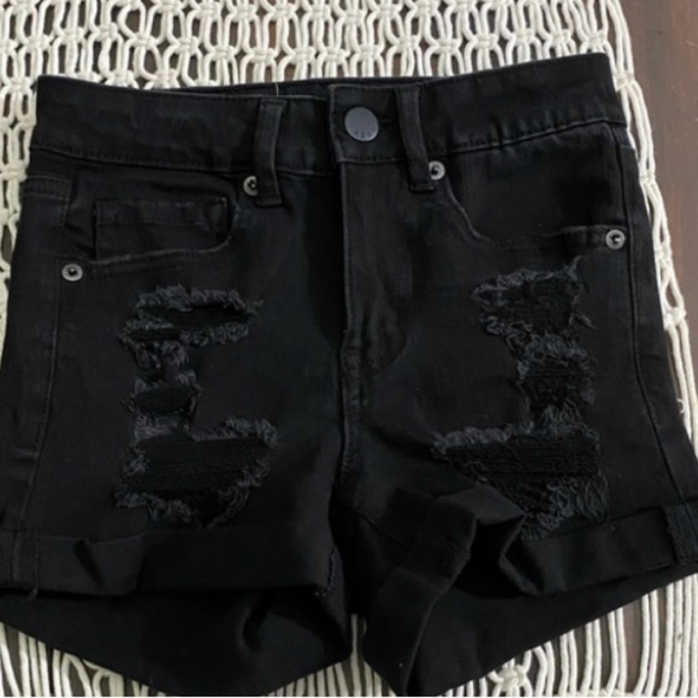 Aero high rise black distressed midi jeans shorts